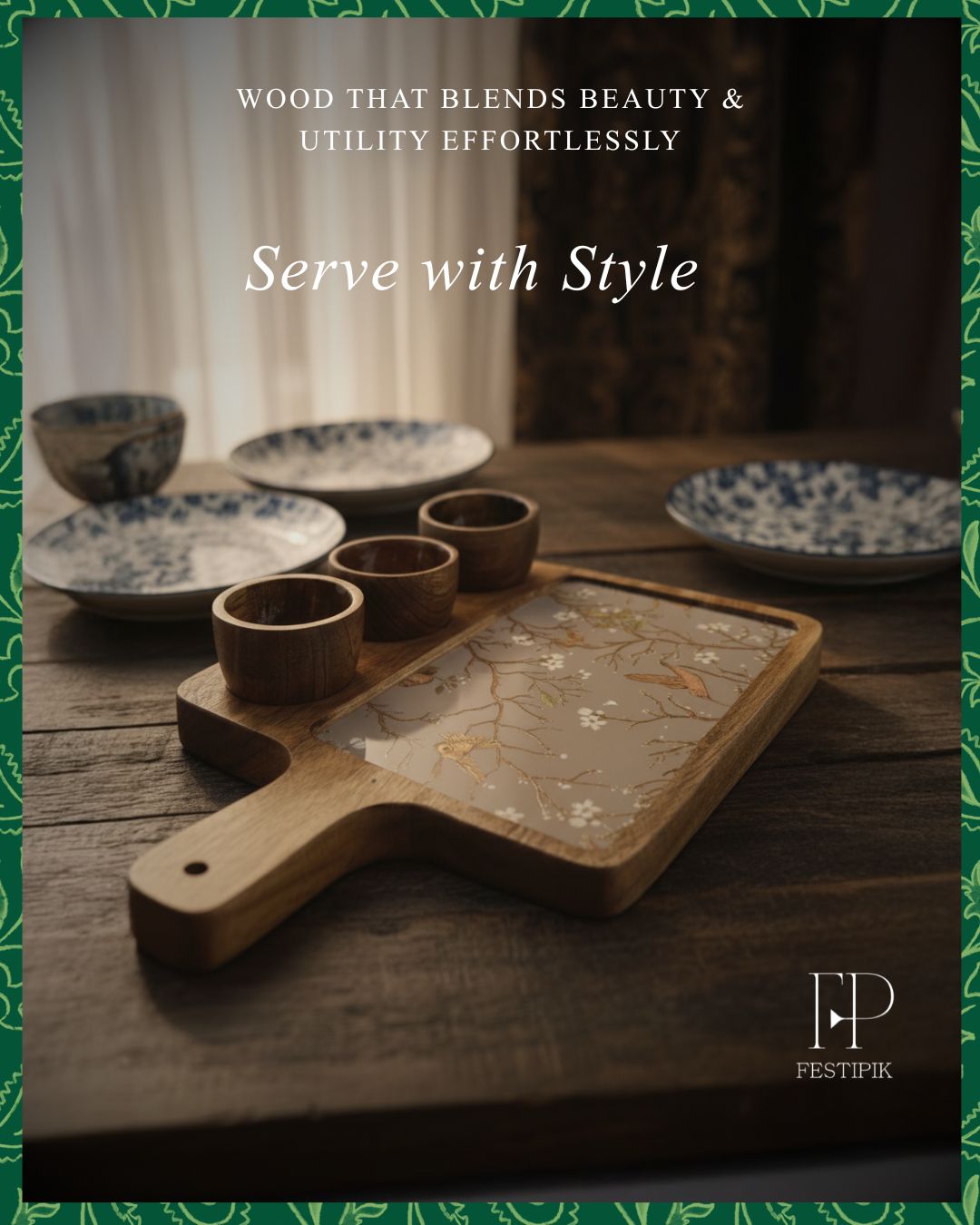 Wooden 3-Dip Platter with Bowls | Handcrafted Mango Wood Serveware