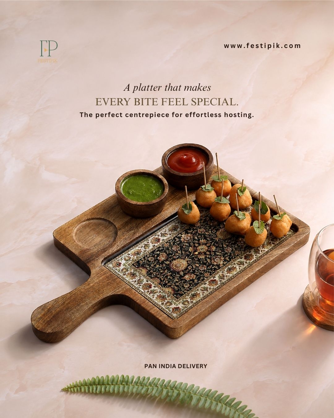 Wooden 3-Dip Platter with Bowls | Handcrafted Mango Wood Serveware