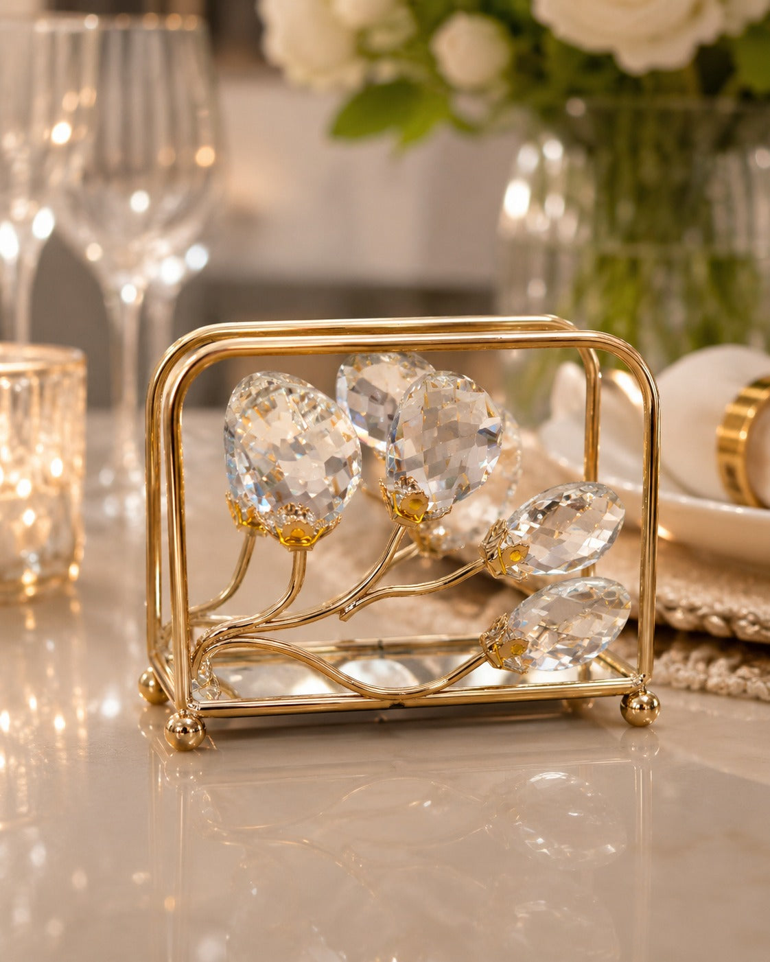 Luxurious Crystal Floral Metal Napkin Holder