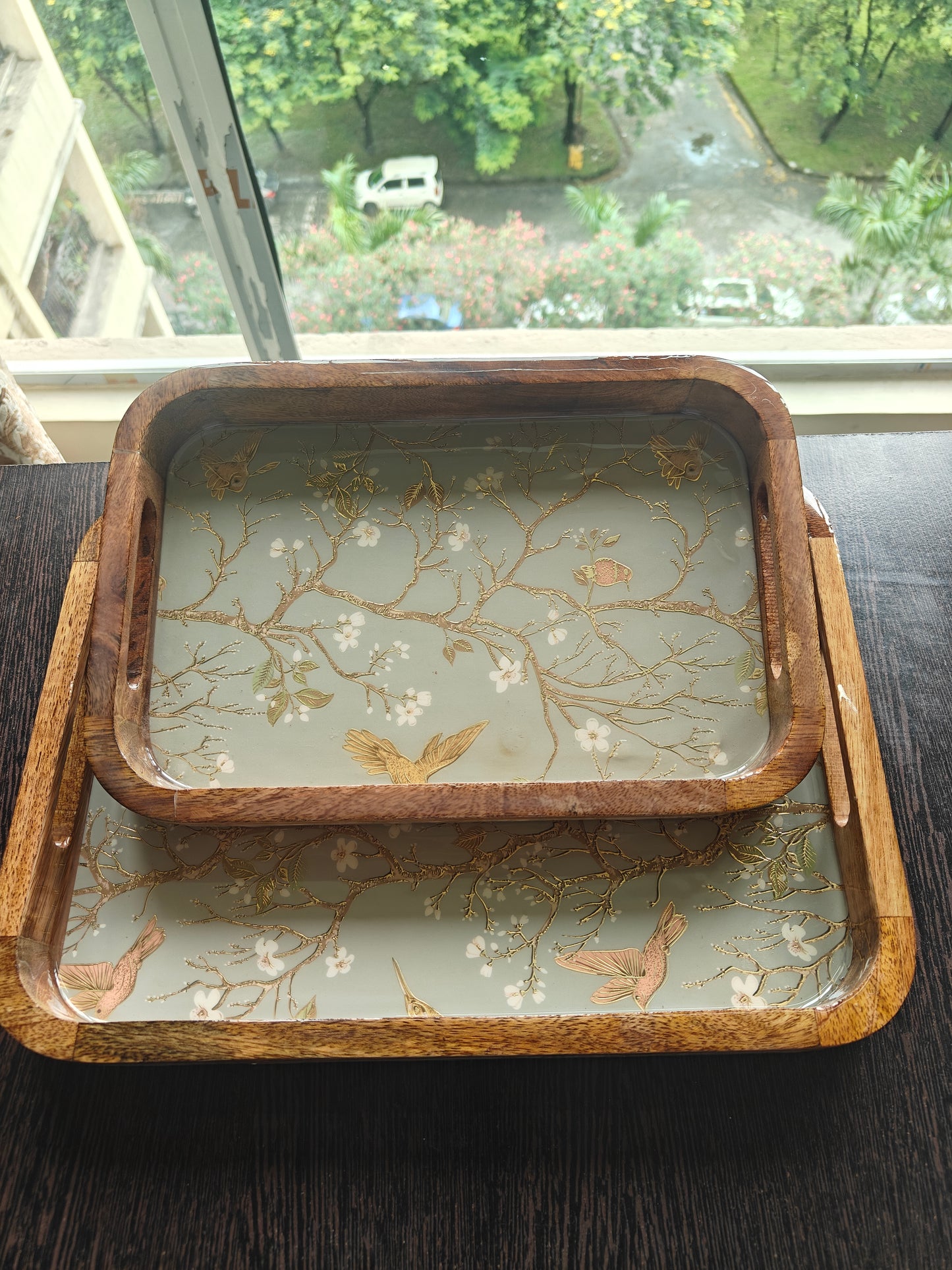 Wooden Rectangle Tray Set (2-Piece) | Handcrafted Enameled Mango Wood