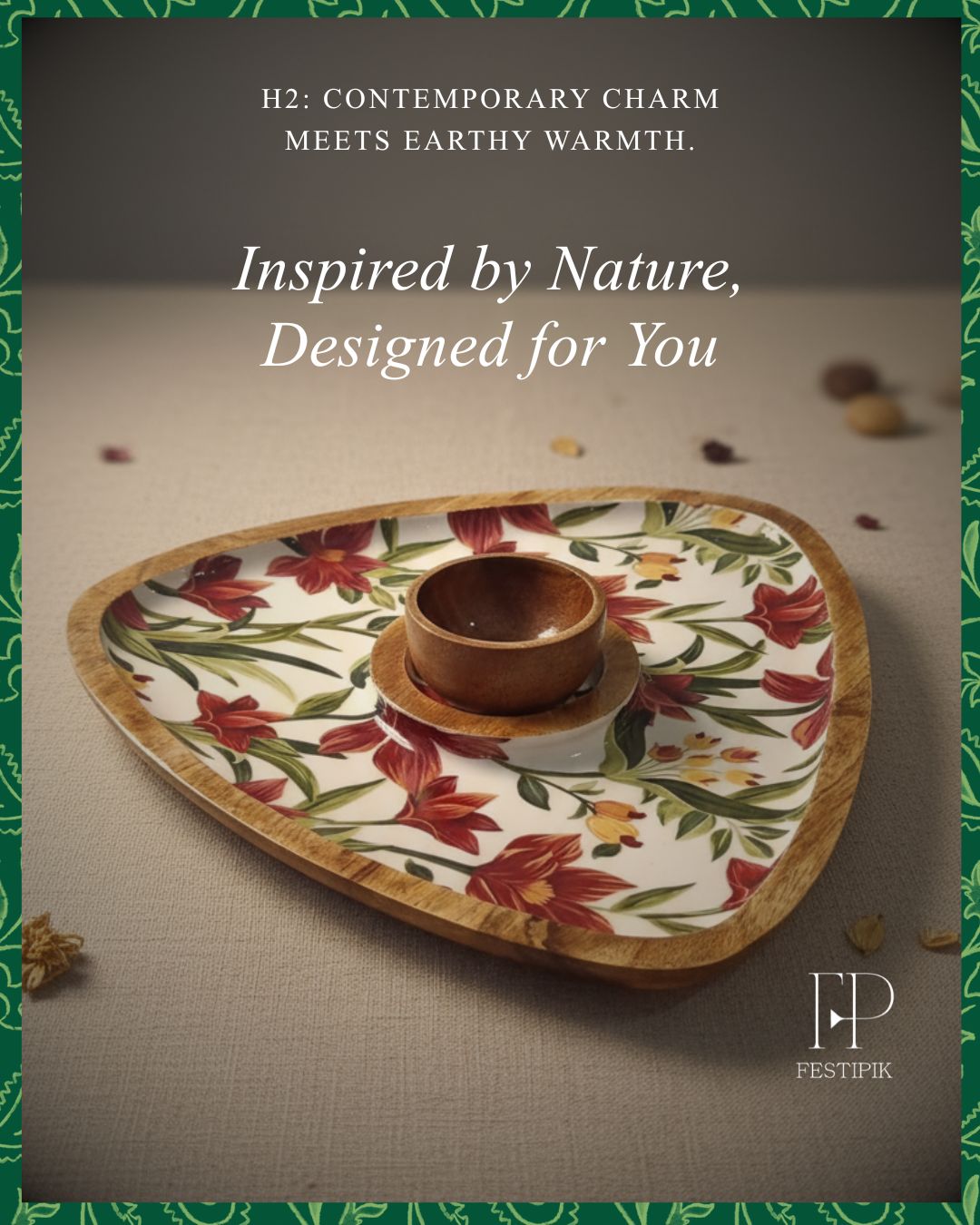 Wooden Triangle Chip-n-Dip Platter with Bowl | Handcrafted Mango Wood Serveware
