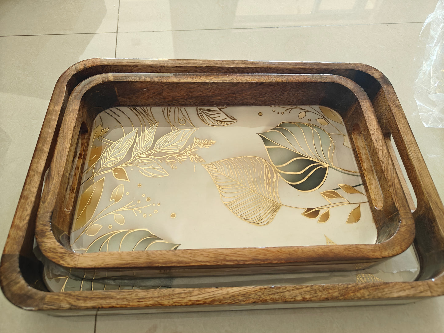 Wooden Rectangle Tray Set (2-Piece) | Handcrafted Enameled Mango Wood