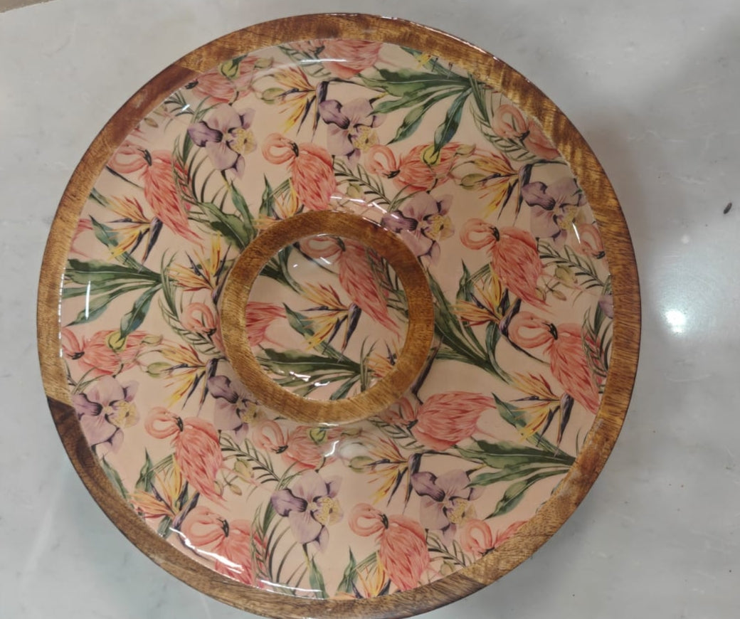 Wooden Round Chip-n-Dip Platter with Bowl | Handcrafted Mango Wood Serveware
