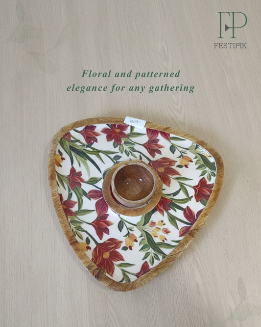 Wooden Triangle Chip-n-Dip Platter with Bowl | Handcrafted Mango Wood Serveware