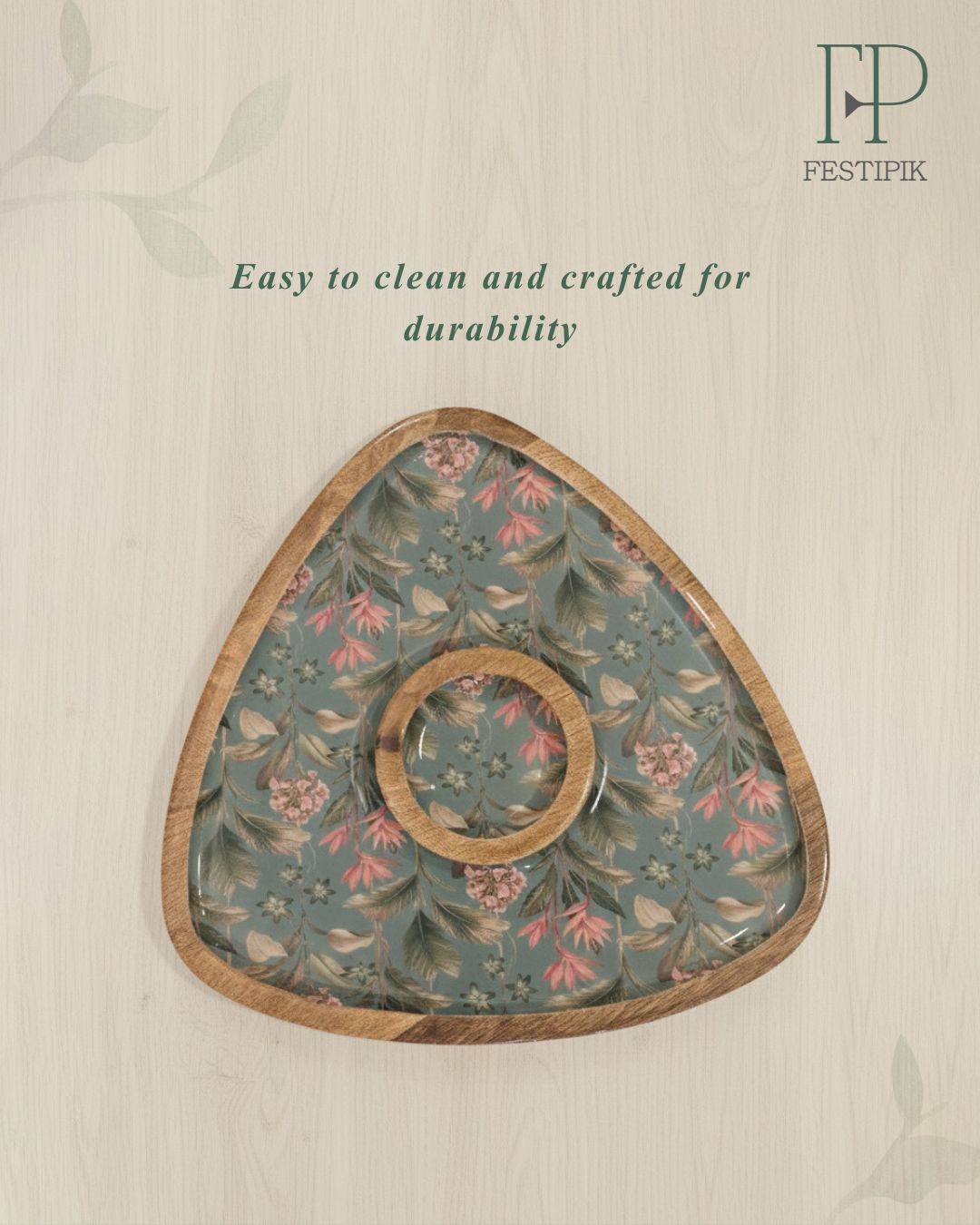 Wooden Triangle Chip-n-Dip Platter with Bowl | Handcrafted Mango Wood Serveware
