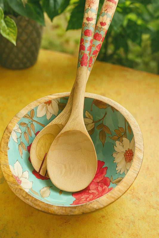 Wooden Large Bowl - 10 inches | with Matching Spoon & Fork | Handcrafted Mango Wood