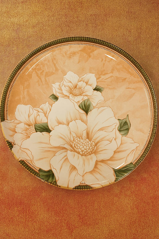 Decorative Flower Print Dinner plate with floral design on a textured brown background