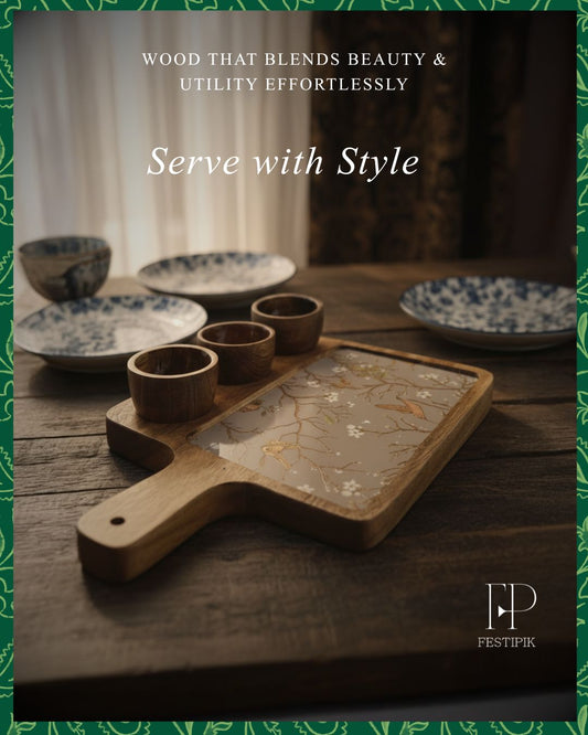 Wooden 3-Dip Platter with Bowls | Handcrafted Mango Wood Serveware