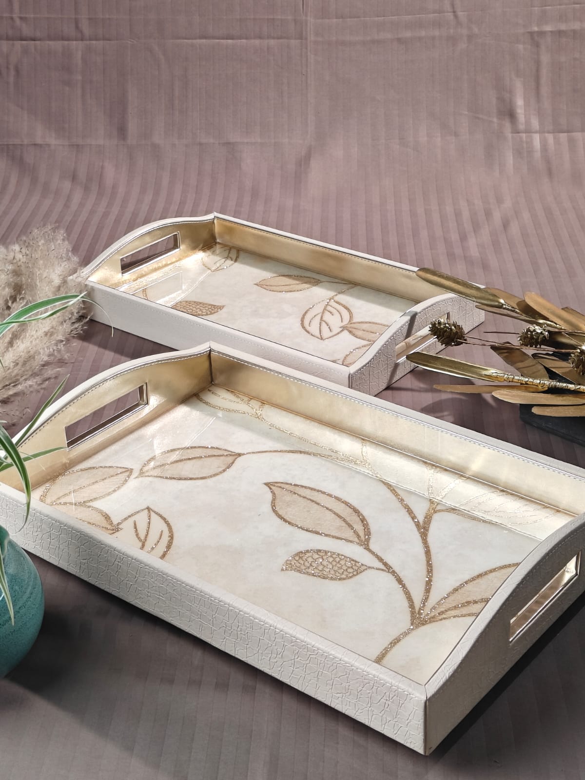 Decorative Rectangle Leatherite Tray with leaf patterns on a textured surface