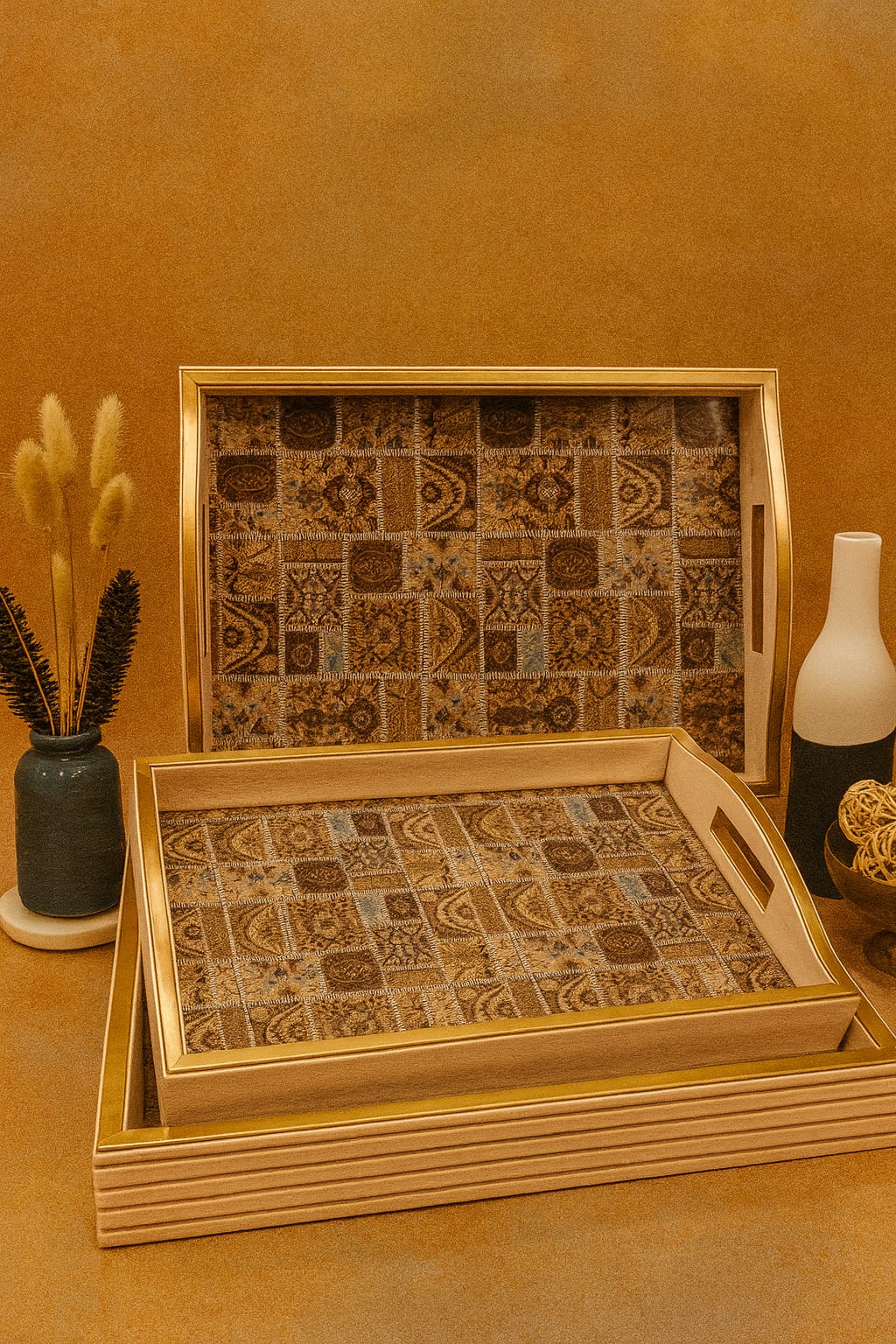 Two Leatherite trays with geometric patterns on a wooden surface.