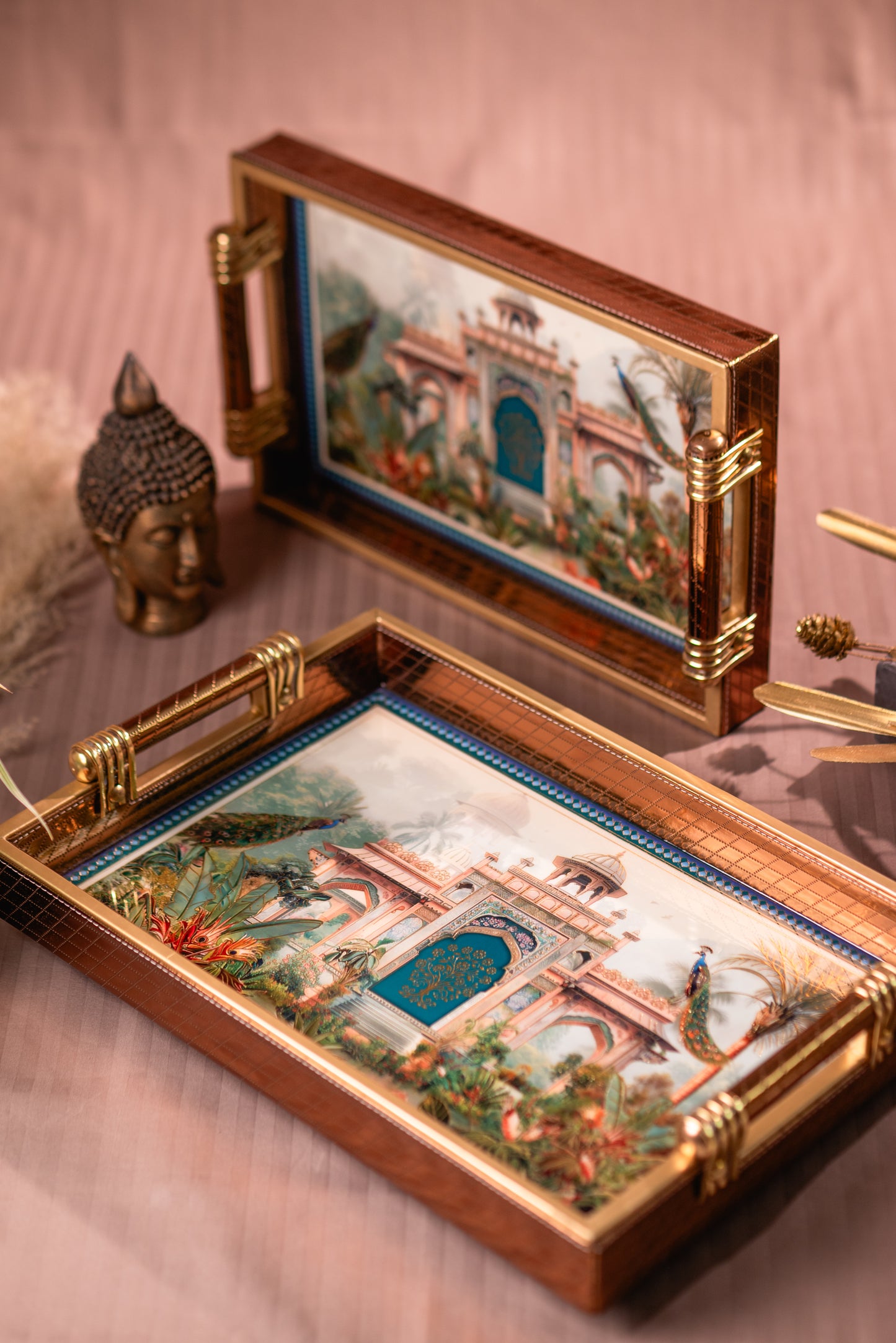Decorative Rectangle Leatherite Tray with artistic designs on a pink background