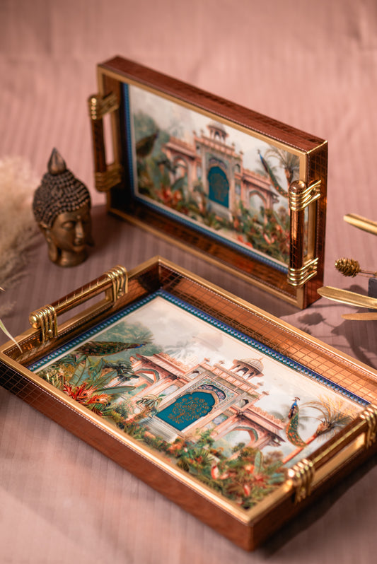 Decorative Rectangle Leatherite Tray with artistic designs on a pink background