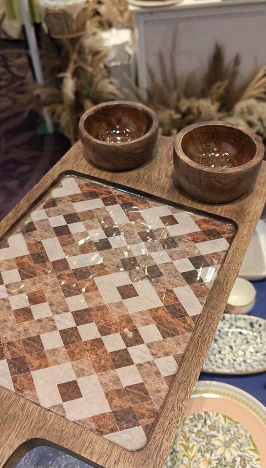 Wooden 2-Dip Platter with Bowls | Handcrafted Mango Wood Serveware