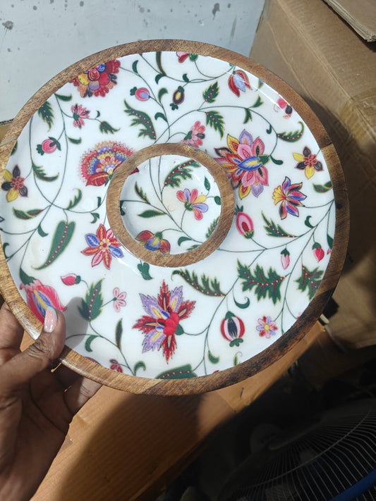 Decorative Wooden Round Chip-n-Dip Platter with Bowl with floral patterns 