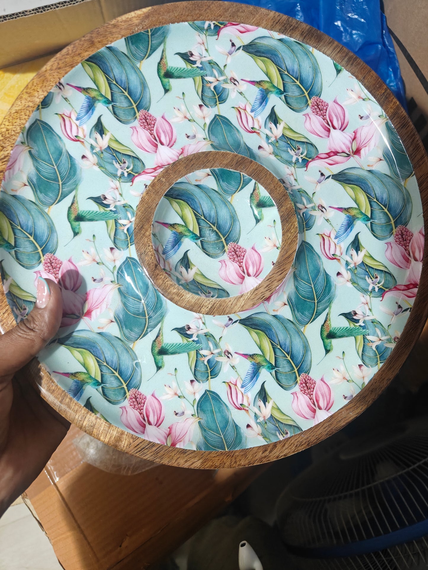 Decorative Wooden Round Chip-n-Dip Platter with Bowl with floral and bird pattern on a wooden base