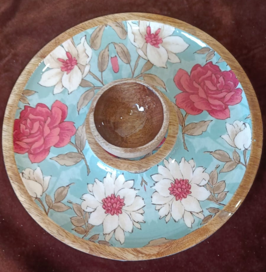 Decorative Wooden Round Chip-n-Dip Platter with Bowl with floral design on a brown background
