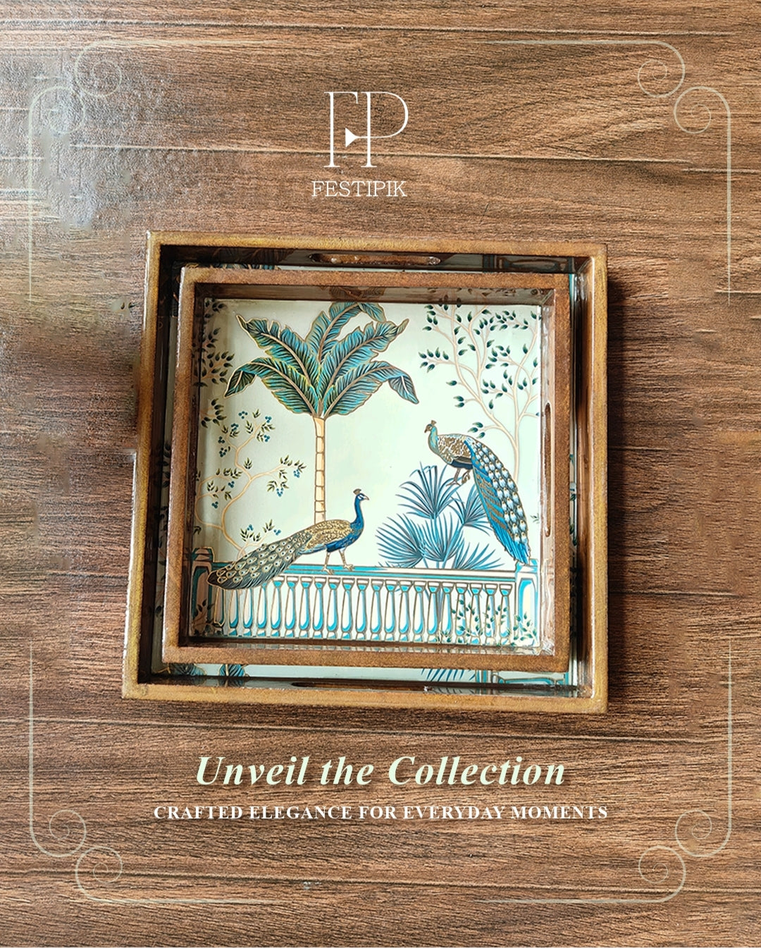 Decorative peacock artwork in a wooden frame on a wooden surface.