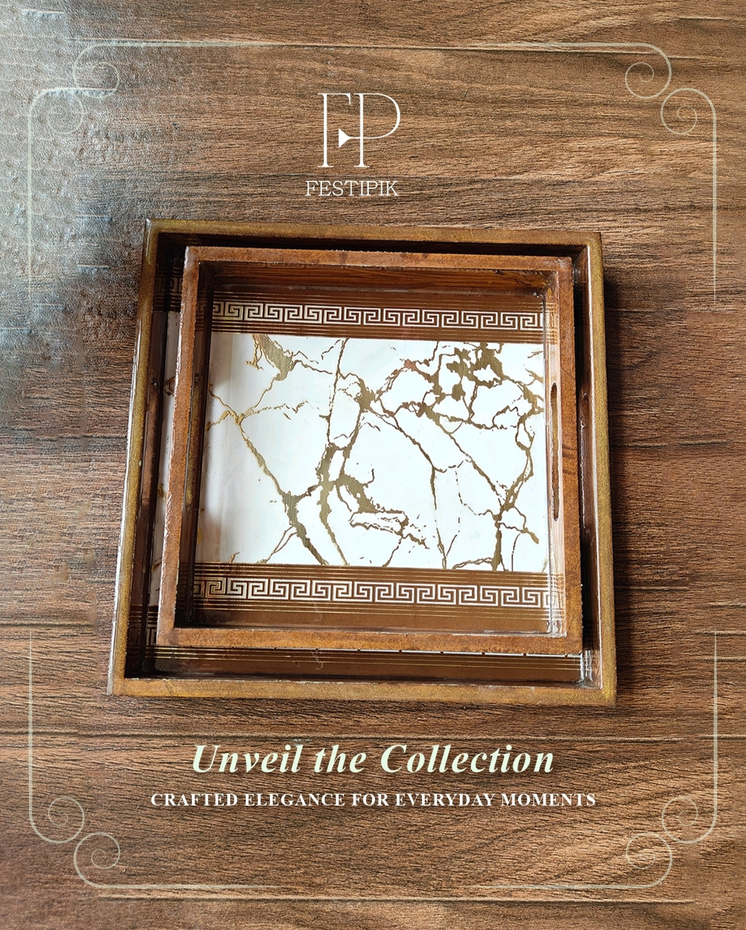 Wooden frame with marble design on a wooden surface, featuring Festipik branding.
