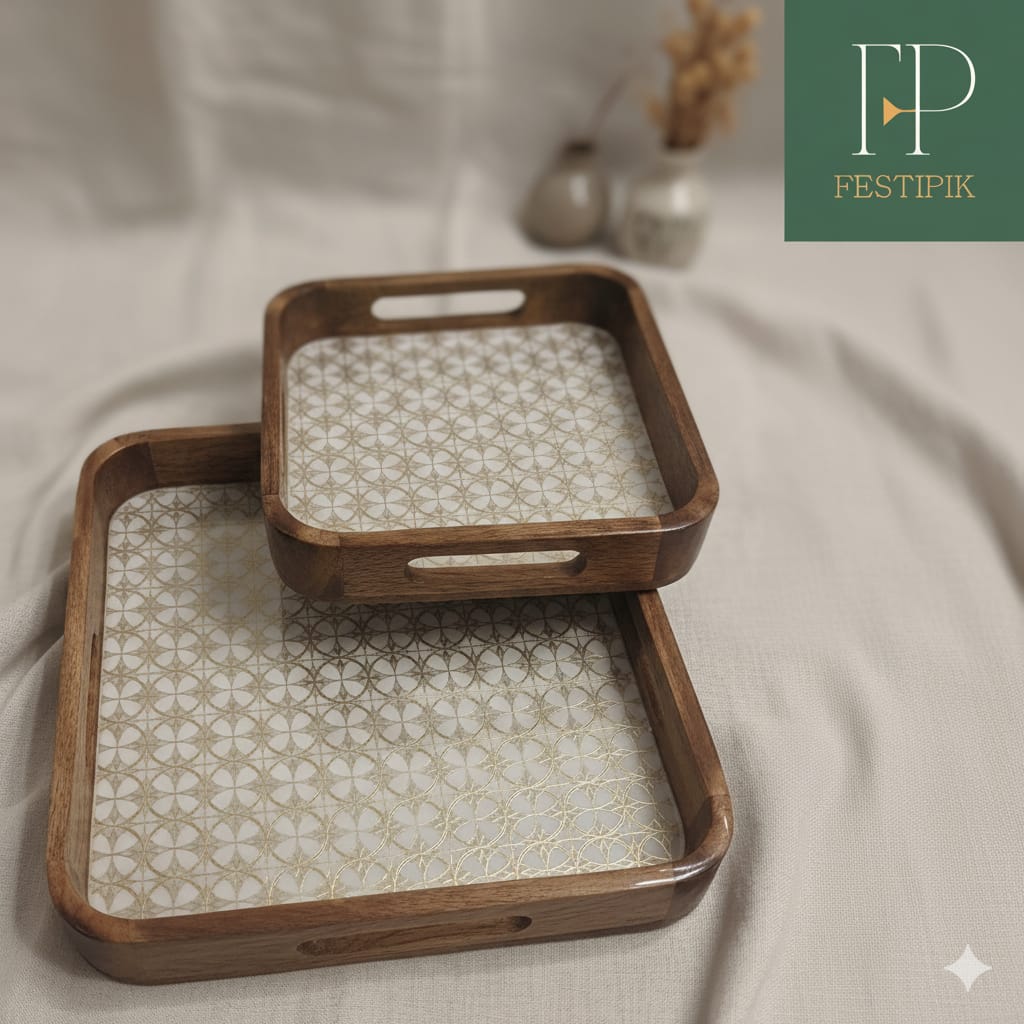Two wooden trays with geometric patterned linings on a neutral background, branded 'Festipik'.