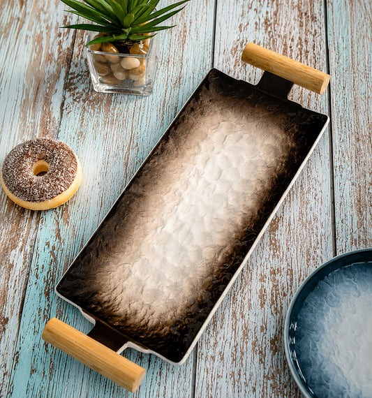 Rustic Ombre Rectangular Ceramic Serving Platter with Wooden Handles