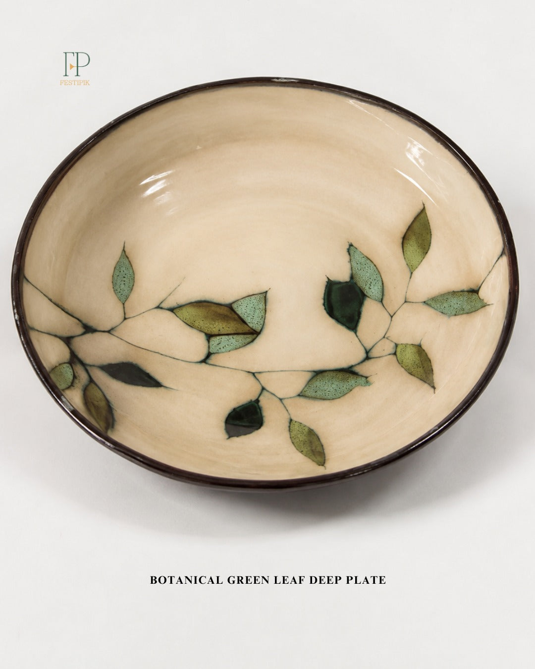 Botanical Green Leaf Ceramic Deep Plate