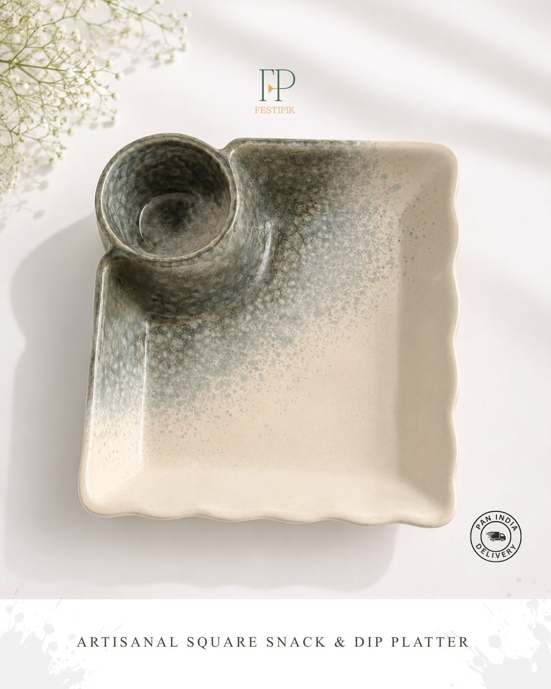 Artisanal Square Stoneware Snack & Dip Platter