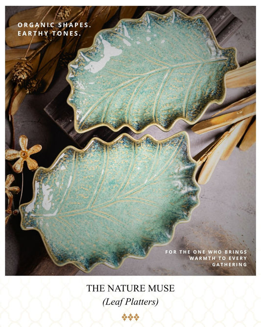 Verdant Leaf Ceramic Serving Platter - 2pc set