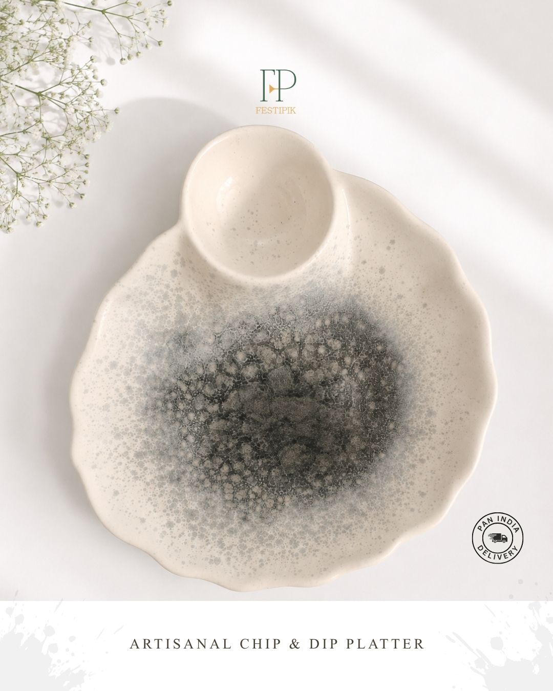 Artisanal Stoneware Chip & Dip Platter