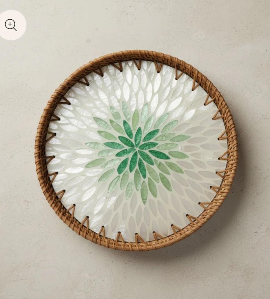 Emerald Leaf Mother-of-Pearl Rattan Tray