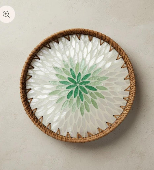 Emerald Leaf Mother-of-Pearl Rattan Tray